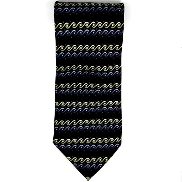 Kilburne and Finch MENS tie -Big & Tall- 68” Long -Black Blue Green Wave-Silk - Picture 1 of 6